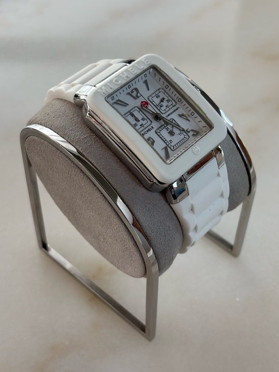 Michele White Ceramic Square Chronograph Watch with Silver Accents